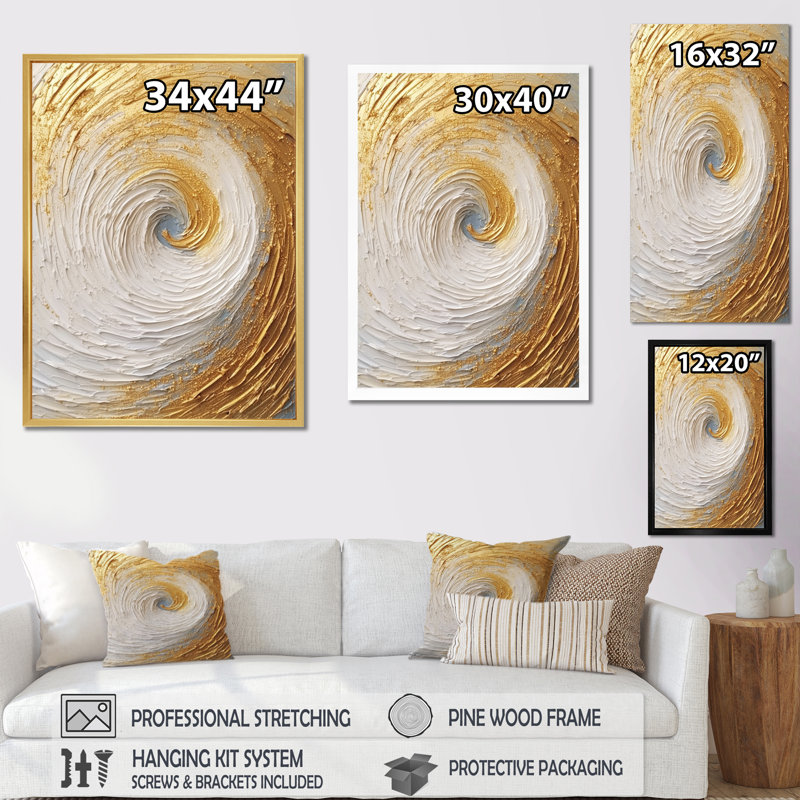 Or crème infinie tourbillons IV - spirales abstraites, art mural salon, H 20 po x l 12 po x P 1 po, Cadre flottant doré