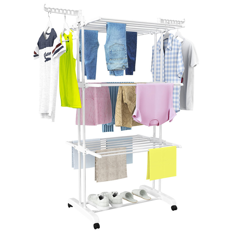 Clothes Drying Rack, Oversized 4-Tier(67.7" High) Foldable Stainless Steel Drying Rack Clothing, Movable Drying Rack with 4 castors, 24 Drying Poles and 14 Hooks for Bed Linen, Clothing