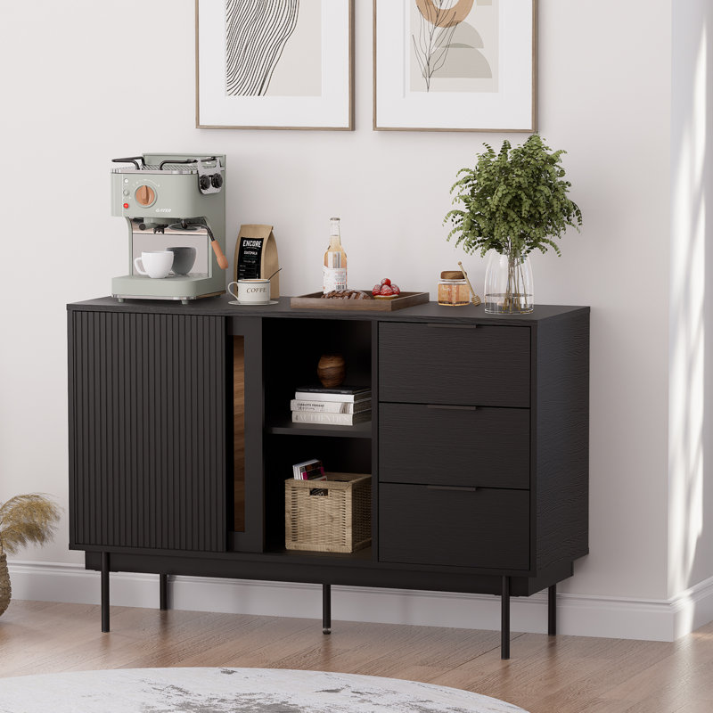 Black Wood Sideboard with Sliding Doors and Drawers, 47" x 31.5"