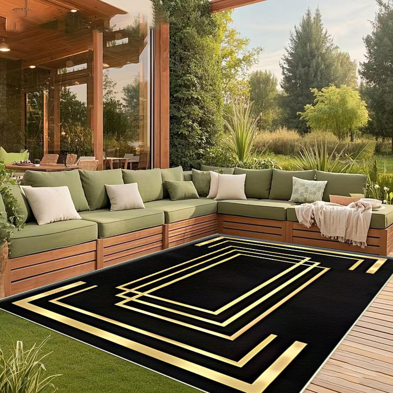 Modern geometric black luxury area rug with gold frame, suitable for the living room, soft and comfortable, easy to maintain, machine-washable indoor mat, suitable for the dining room, bedroom, hallway, kitchen, home office, terrace, and home decoration.