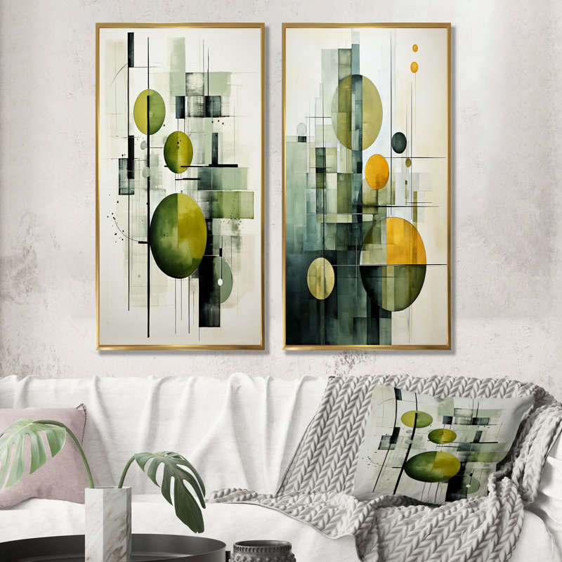 Olive Orbits Abstract Shapes - Ensemble de 2 reproductions d'art sur toile, H 28 po x l 25 po, Encadrement doré