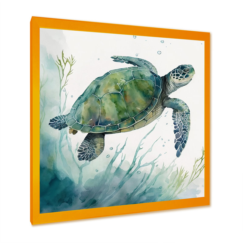 Tortue aquarelle nageant II - reproduction sur toile, H 36 po x l 36 po x P 1,5 po, Impression dorée sur toile encadrée