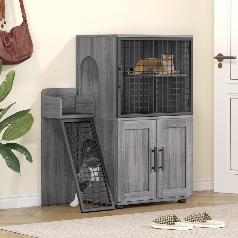 Enceinte de litière moderne pour chat avec plateforme et échelle, maison de chat intérieure cachée, Villa à double couche pour chats, L 33,5 po x l 17,9 po x H 41,9 po, couleur bois de cire