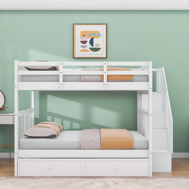 Doresha Kids Bunk Bed with Trundle, White, Full Over Full