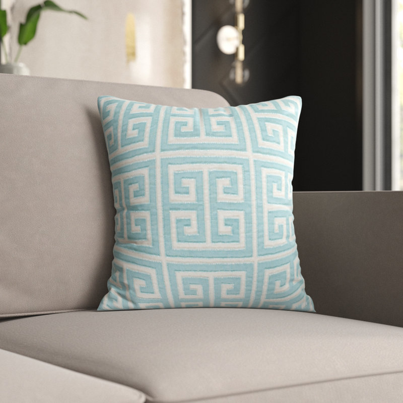 Embroidered Feather Throw Pillow, Aqua Blue