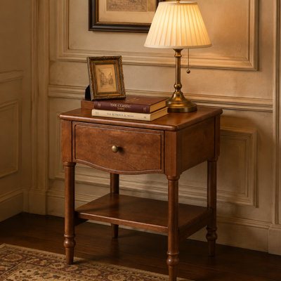 Solid Wood Nightstand with Wooden Drawer Slide, Traditional Side End Table with Roman Turned Legs, Open Lower Shelf for Bedroom Living Room