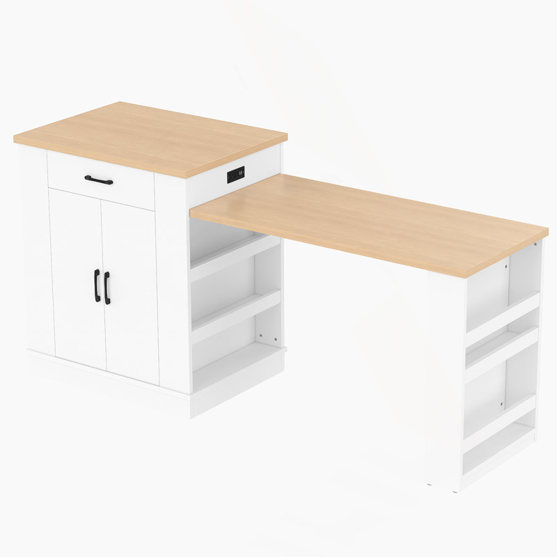 Armoire décorative, console d'îlot extensible avec tiroirs, armoire à deux portes et tablettes ouvertes, Blanc