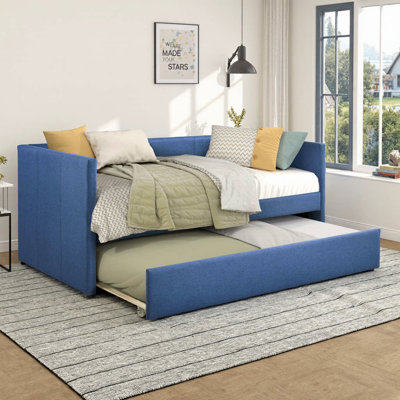 Lit de jour de 81 po avec couchette - tissu d'ameublement gris, structure en bois, conception moderne - lit gigogne simple coulissant, aucun sommier nécessaire - canapé-lit peu encombrant pour chambre d'amis, salon ou bureau personnel