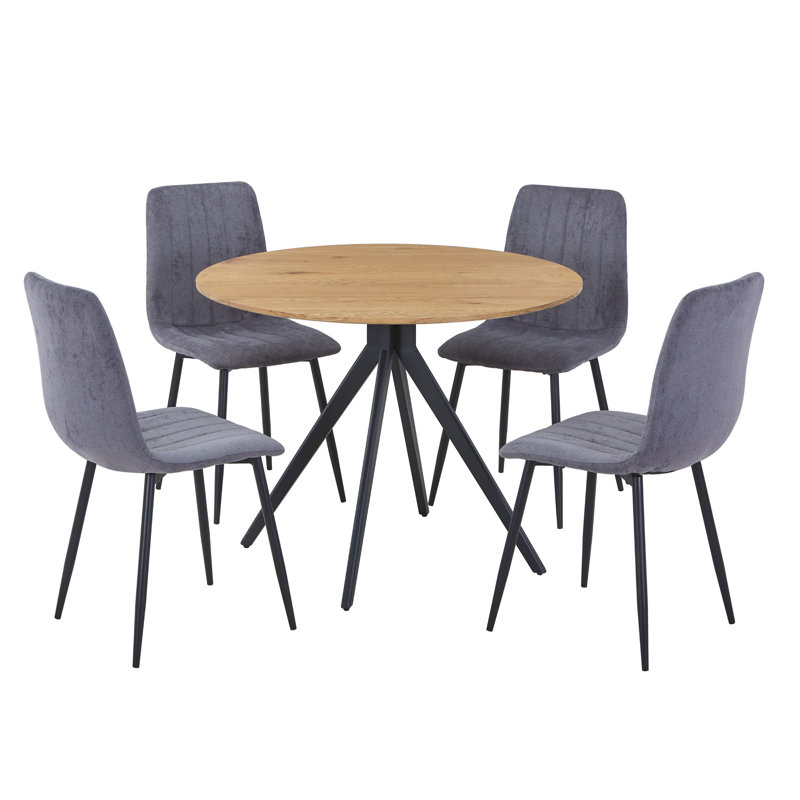 Aspen Light Oak Round Dining Table with 4 Straight Stitch Upholstered Fabric Chairs - Modern Dining Set, Grey