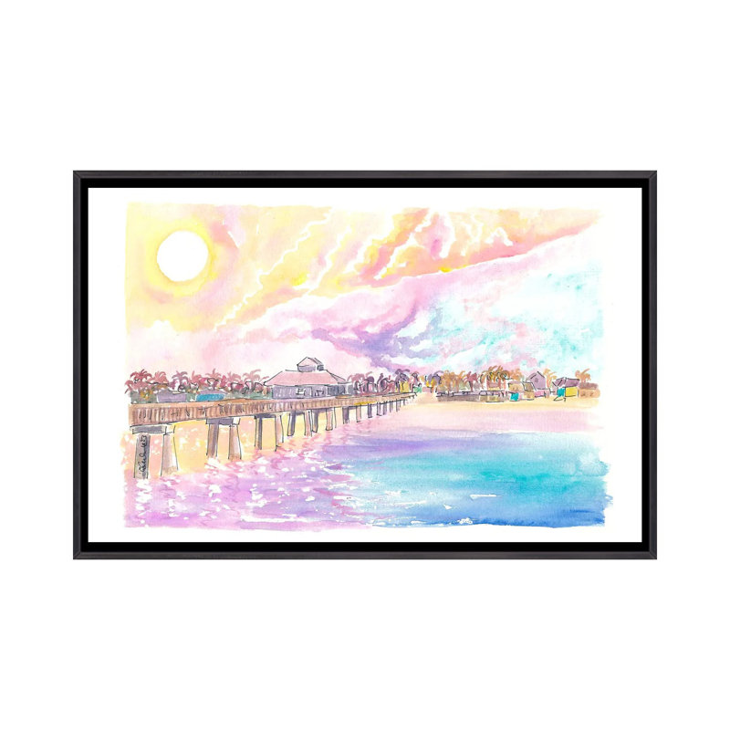 Romance à Fort Myers en Floride avec quai de pêche au coucher du soleil - reproduction d'art murale encadrée, Noir patiné