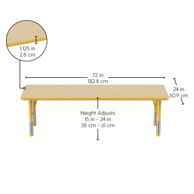 Table d'activité rectangulaire à hauteur réglable en forme de T, 24 po x 72 po, Érable / jaune / noir, Épais