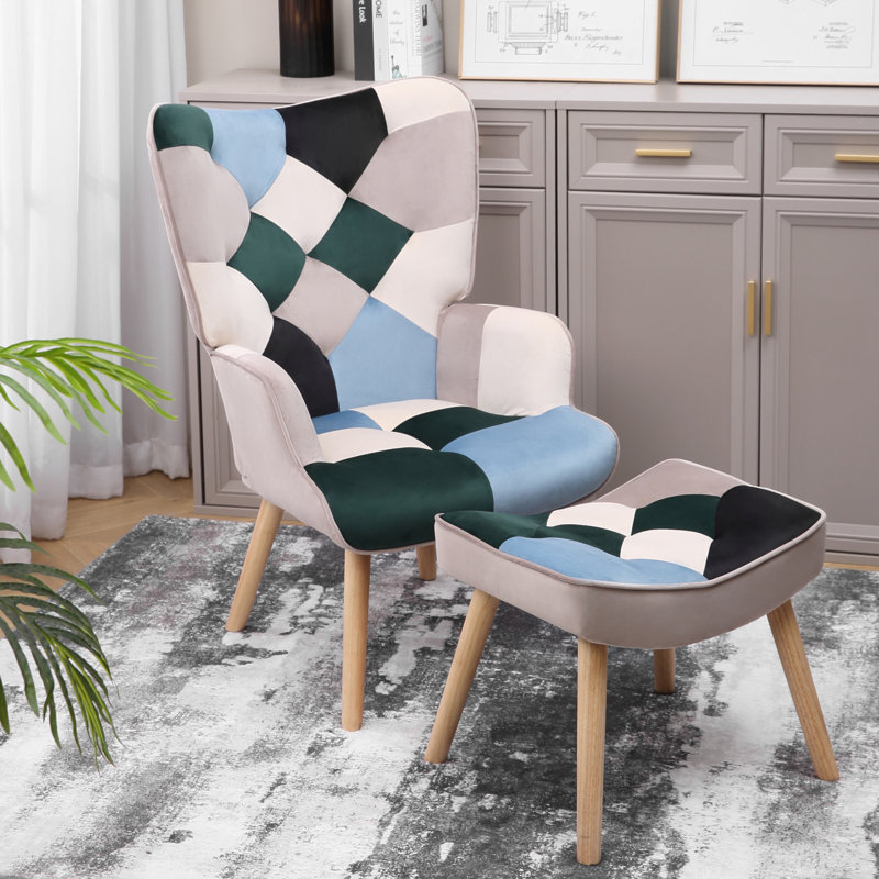 Fauteuil d'appoint en tissu de lin avec pieds en bois Patchwork, Mélange de lin bleu / vert