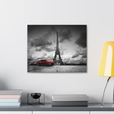 «Eiffel Tower And Red Retro Car, France», œuvre d'art sur toile à couper le souffle «French City»