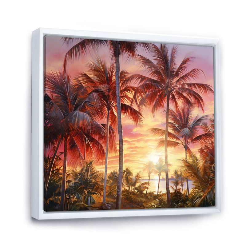 Rose radiance coucher de soleil palmiers IV, Cadre flottant blanc, H 30 po x l 30 po x P 1 po