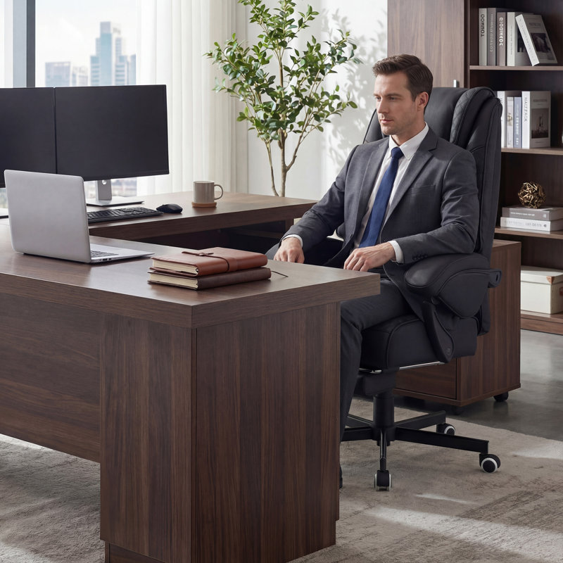 Faux Leather Ergonomic Executive Office Chair Computer Chair with Footrest(Black), Faux Leather Black