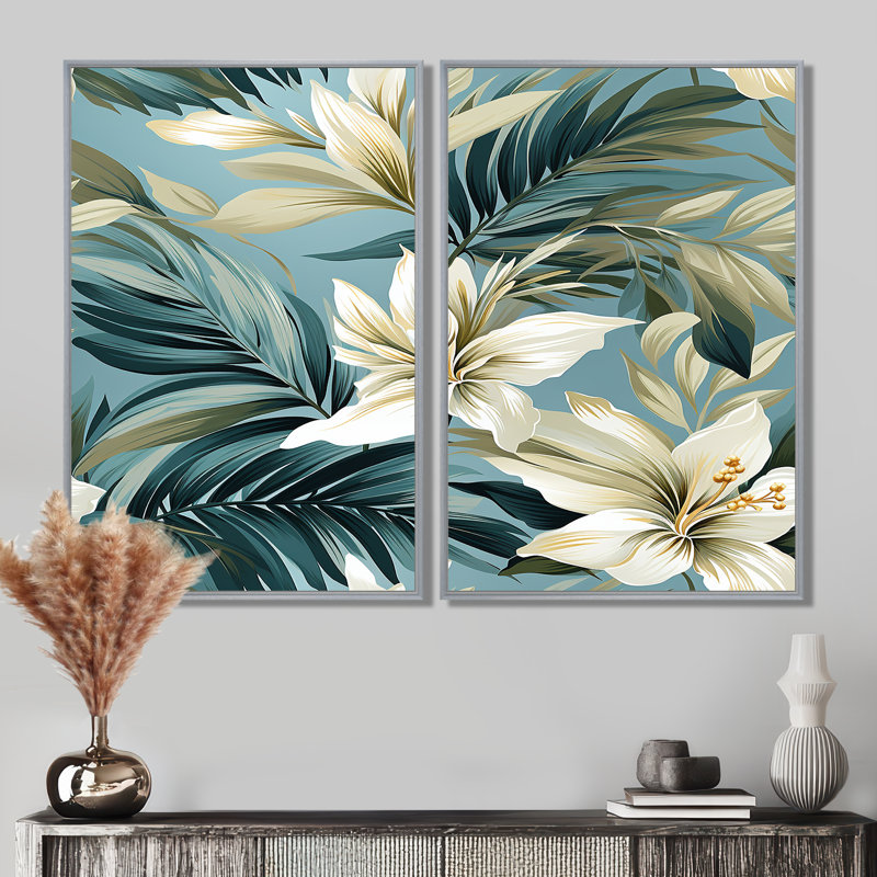 Motif tropical côtier neutre 2 pièces, Silver, 36" H x 48" W, Impression encadrée flottante