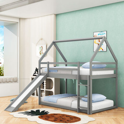 Twin Over Twin Wood House-Shaped Bunk Bed With Fun Slide And Secure Ladder