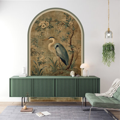 Vintage Blue Heron Arch Wall Decal – Peel & Stick Removable Wallpaper Mural with Botanical Scene on Aged Background