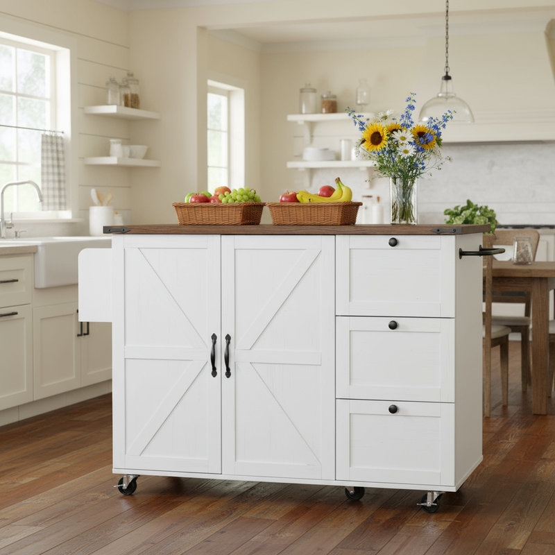 Kitchen Island with Drop Leaf & 3 Storage Drawers, White