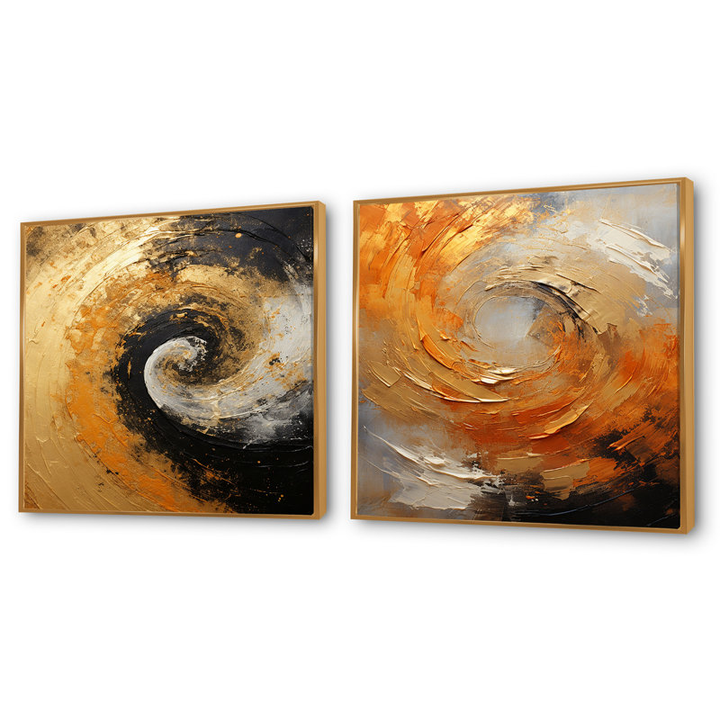 Mirage spirale doré doré noir - ensemble de 2 collages carrés abstraits en spirale, Cadre flottant doré, H 16 po x l 33 po