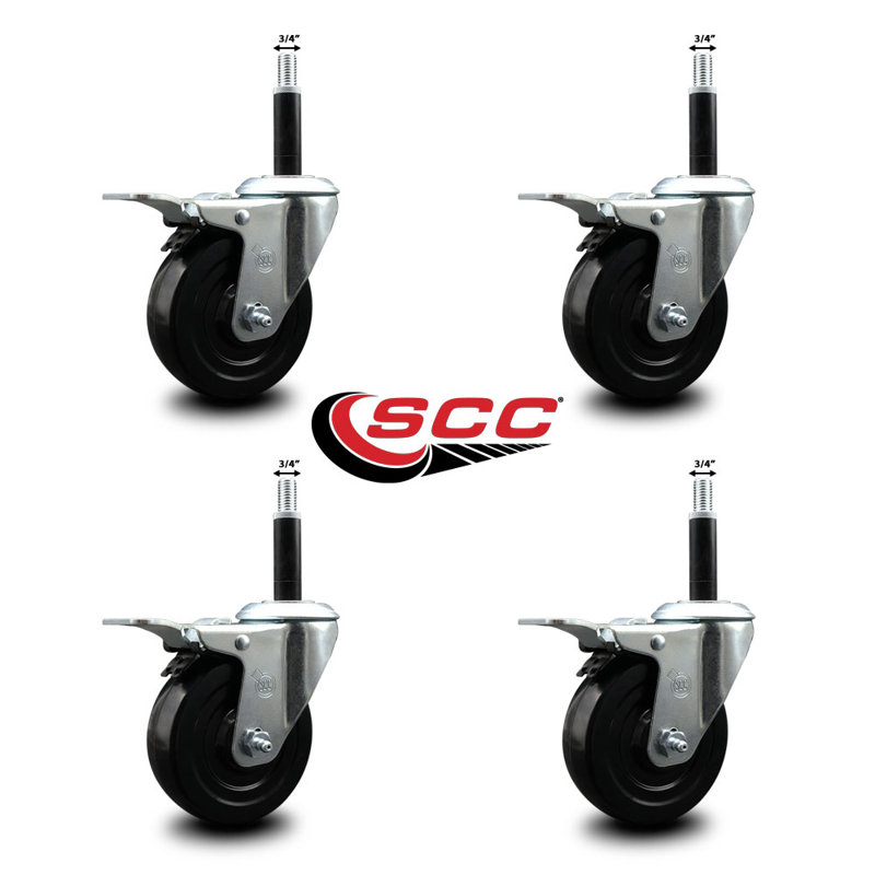 Hard Rubber Swivel 3/4 Inch Expanding Stem Caster Set Total Lock Brake