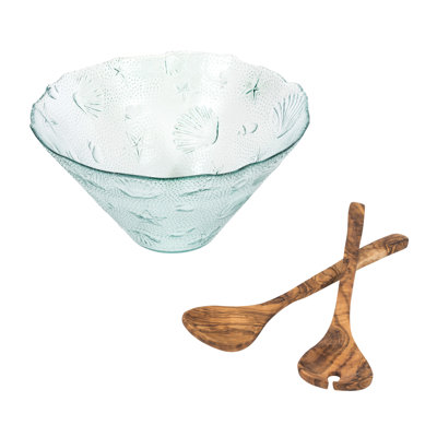 French Home Recycled Clear Glass 12"W X 6"H, Coastal Salad Bowl And Olive Wood Servers