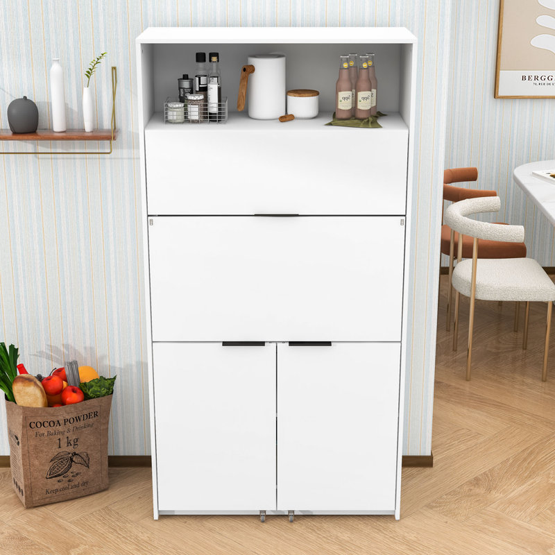 Garde-manger compact avec huche, poste de travail pliable, tablette réglable et prise de courant, Blanc