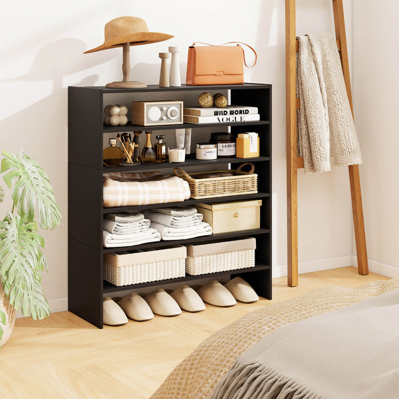 6 tablettes de rangement horizontales à 2 niveaux pour organisateur de chaussures 6 pièces, Noir