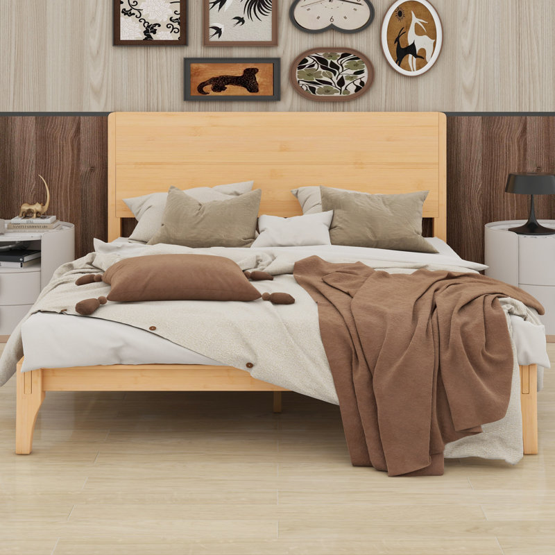 Lit plateforme moderne en bois avec support à lattes, Naturel, Grand lit