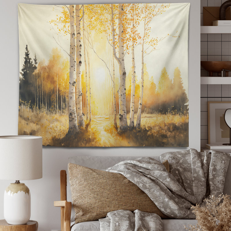 Tapisserie en polyester jaune Birches by the Lakeside VI, H 32 po x l 39 po