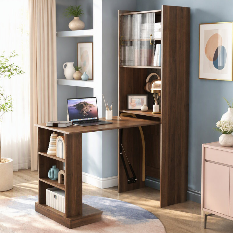 Bureau pliant avec rangement, bureau d'ordinateur pliable peu encombrant pour les petits espaces, table d'écriture pour bureau à domicile, chambre à coucher, dortoir, appartement