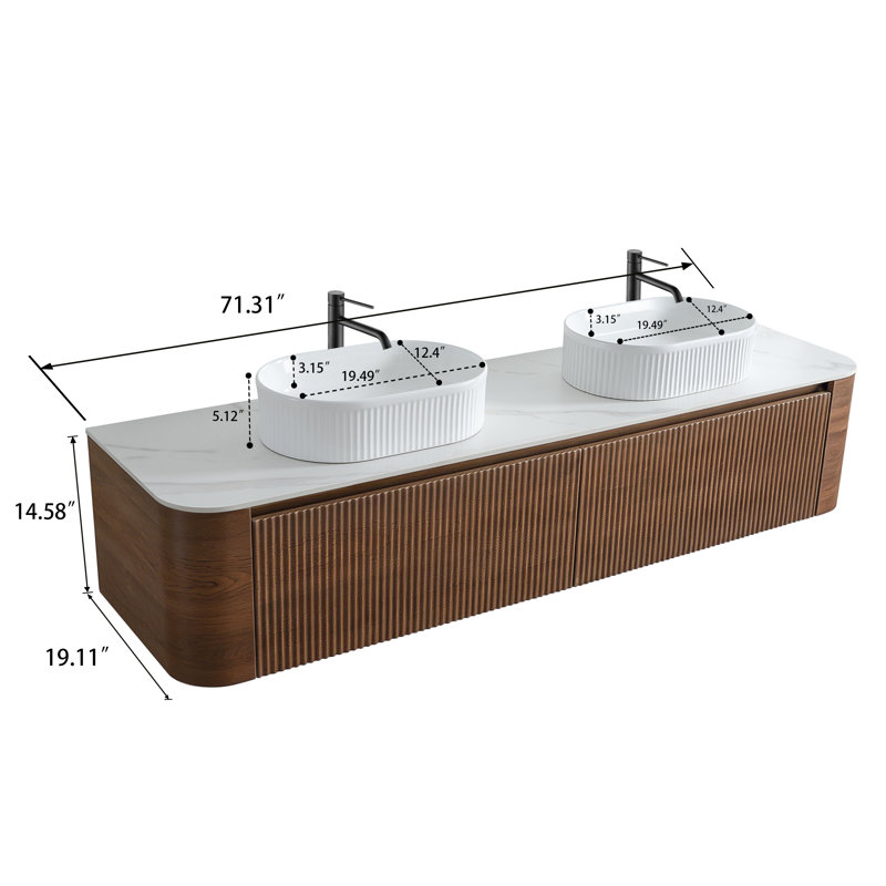 Meuble-lavabo mural de 72 pouces avec lavabo double blanc ovale à rayures et tiroirs de rangement, Noyer, 72, Blanc