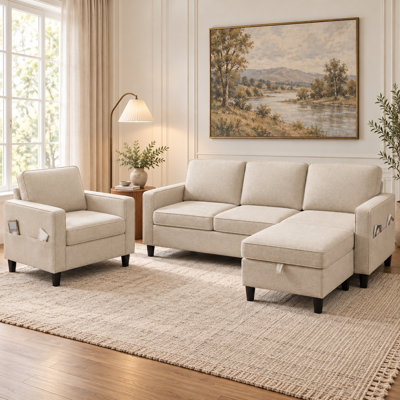 Canapé modulaire convertible 3 pièces avec repose-pieds avec rangement et fauteuil simple avec poches, beige