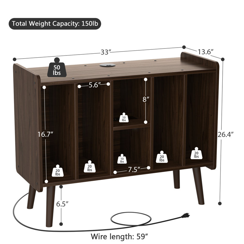 33" Media Shelves Cabinet With Power Outlet and USB Charging Port, Walnut