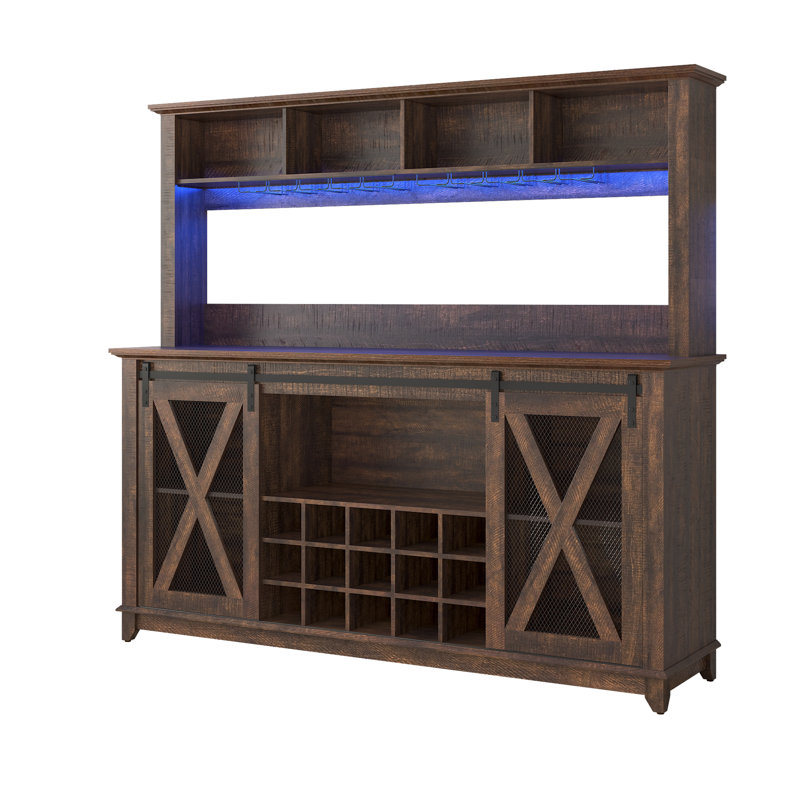 63"W Farmhouse Coffee Bar Cabinet With Wine Rack And Storage, Wine Bar Cabinet With Power Outlet & LED Light, Adjustable Shelf For Tea Liquor Wine, Kitchen Buffet Cabinet W/Sliding Barn Door & 15 Wine And Glass Racks For Kitchen Dining Room