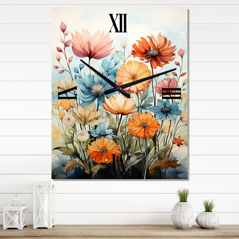 Orange orange, bleu, pétales et beauté - Très grandes horloges murales florales, Très grand