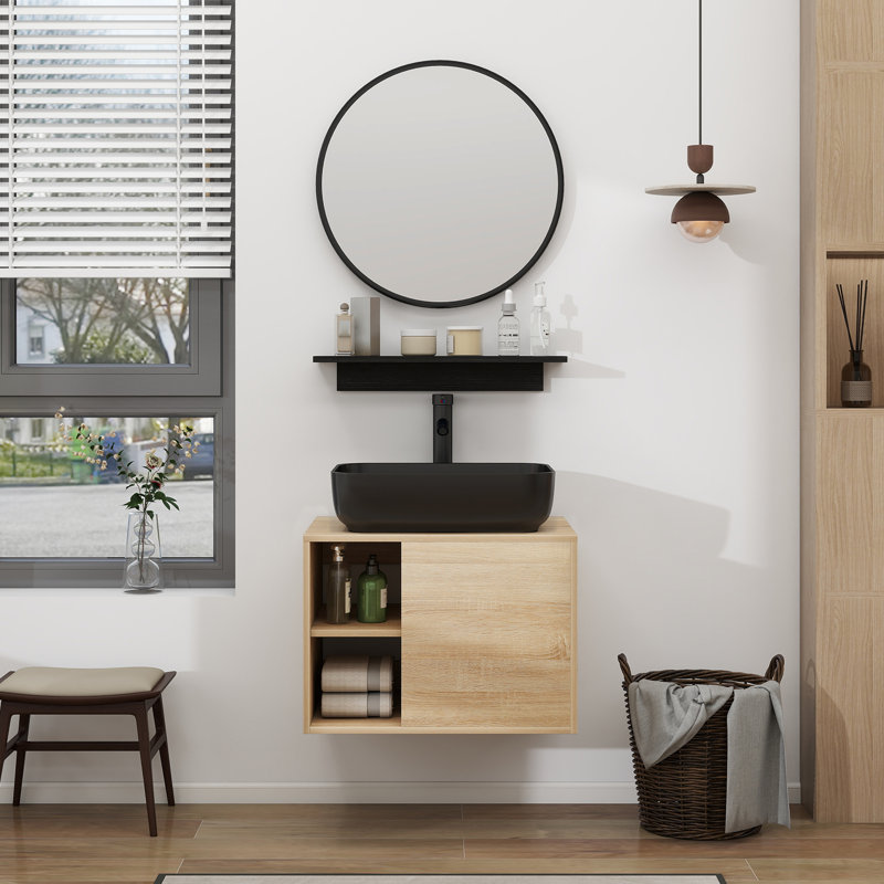 Ensemble de meuble-lavabo simple mural 24 po avec miroir Bitha, Noir / blanc