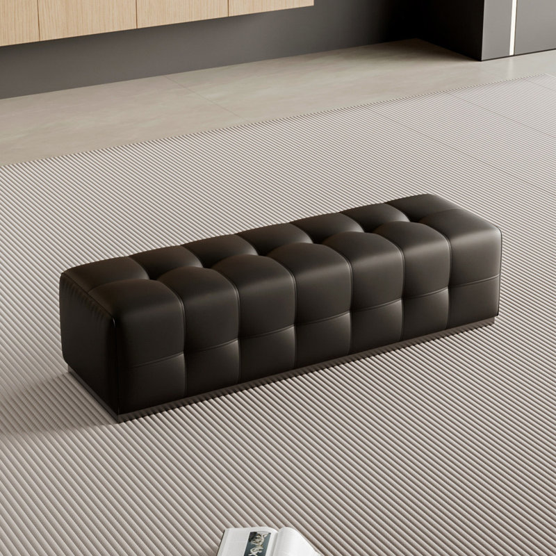 Banc de lit 55,25 po en cuir véritable noir moderne luxueux avec base en acier inoxydable