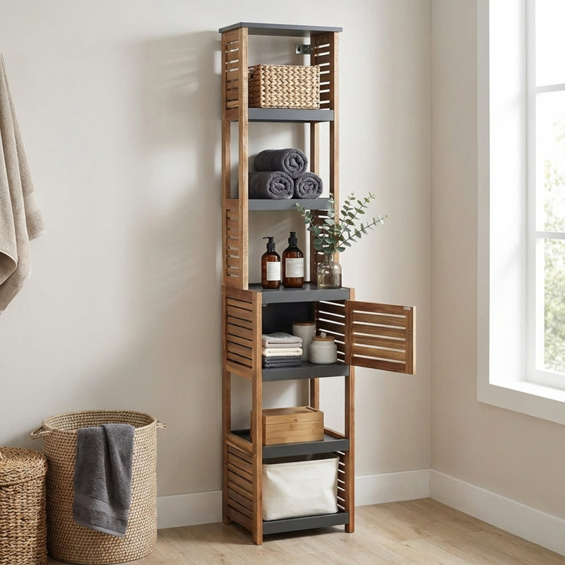 Grande armoire de rangement pour salle de bain avec plusieurs tablettes et porte ventilée, brun et gris - Collection Elements