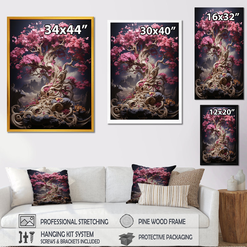 Orchidée rose jardin de branches II - art mural cerisier en fleurs, Cadre flottant blanc, H 44 po x l 34 po x P 1,5 po