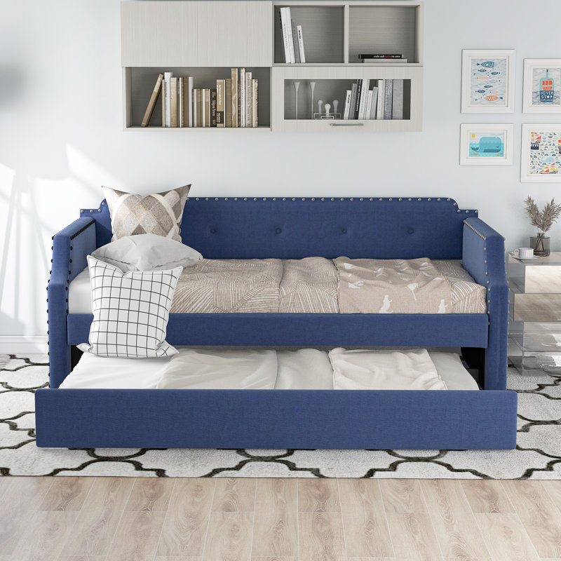 Herzberg Linen Upholstered Tufted Wooden Space Saver Daybed with Trundle, Blue