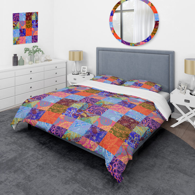 Multicolor Ethnic Patchwork - Abstract Duvet Cover Set - Microfiber Polyester, Queen Duvet Cover + 2 Standard Shams