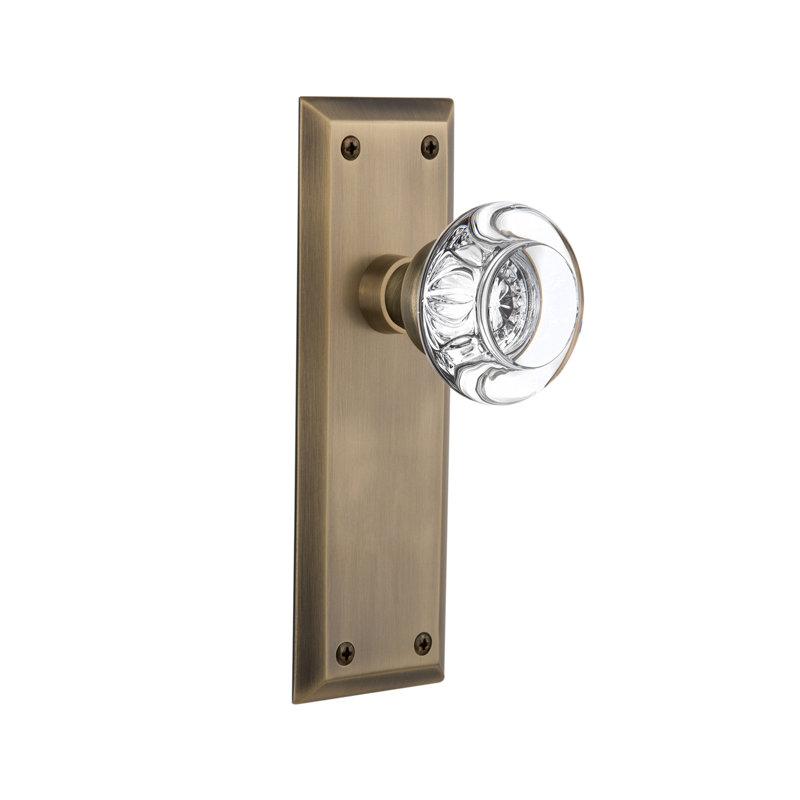 New York Plate with Round Clear Crystal Door Knob, 2-3/8”, Antique Brass