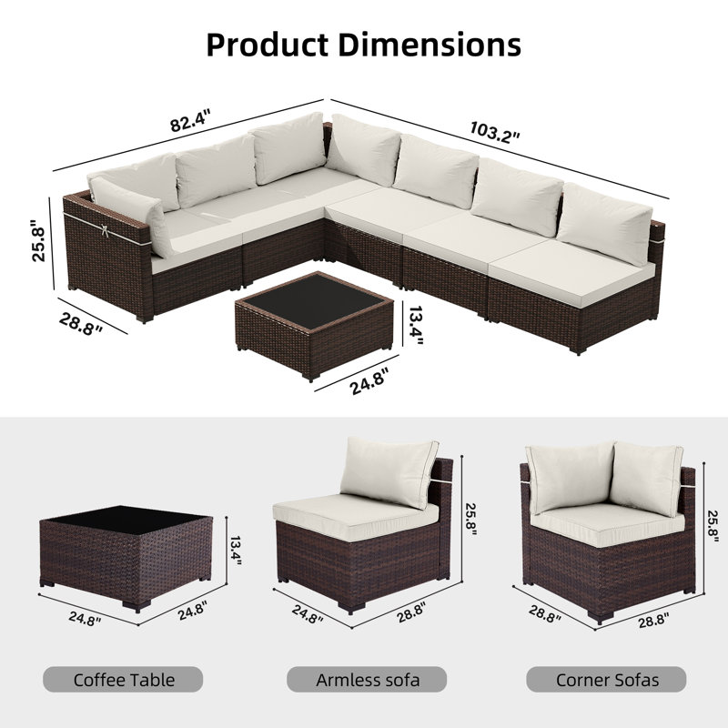 Forksville Wicker 6 - Person Modular Patio Conversation Set with Cushions, White Cushion/Brown Frame