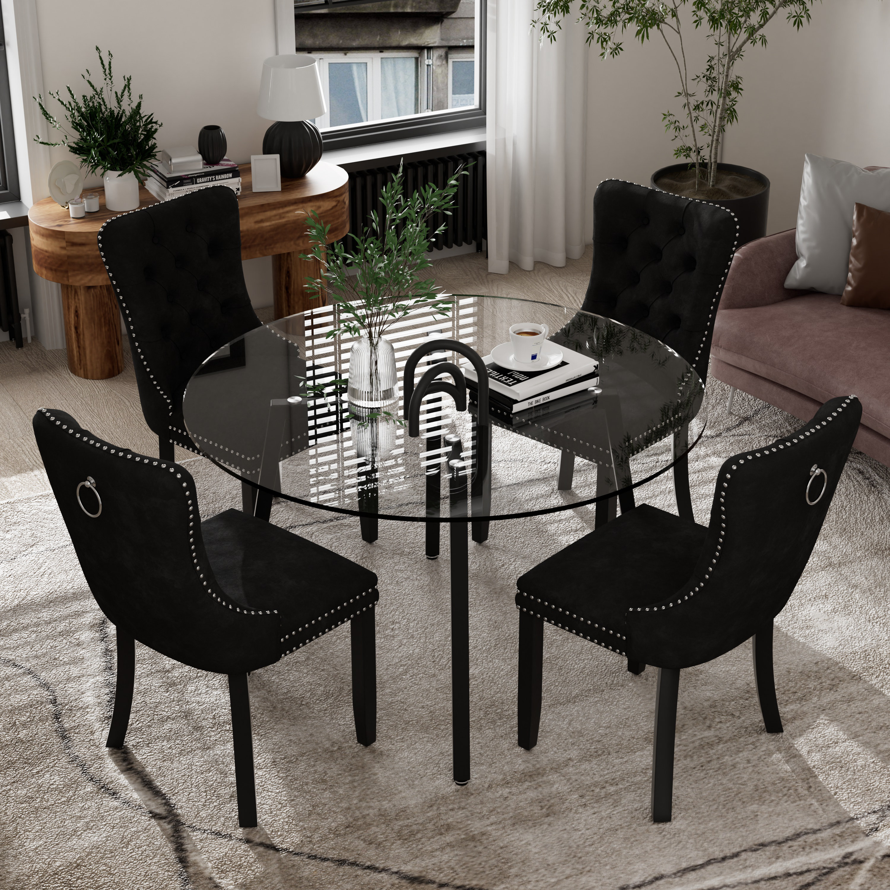 Round Dining Table Black Dining Chairs Faux Leather Dining Table