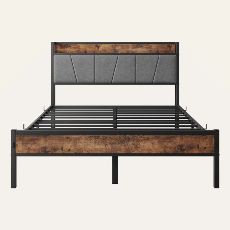 Bed Frame, Storage Headboard with Charging Station, Solid and Stable, No Box Spring Needed, Easy Assembly