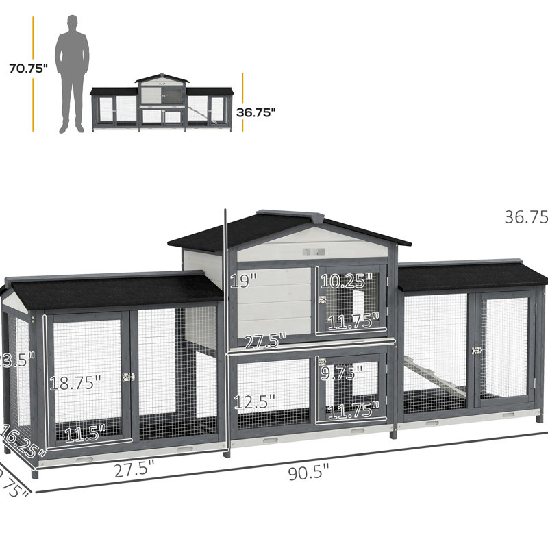 Cage à lapin en bois de 90,5 po avec boîtes doubles coulissantes, plateau sans fuite, rampe d'accès facile, compartiments extensibles en bois massif gris - pratique et spacieux pour les petits animaux de compagnie,