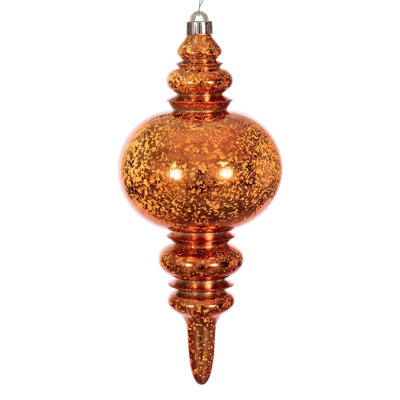 13" Mercury Finial. Each finial measures 13 inches tall by 5.8 inches wide, made of shatterproof plastic, and features a mercury finish. It features wire that is looped through the cap for easy hanging.