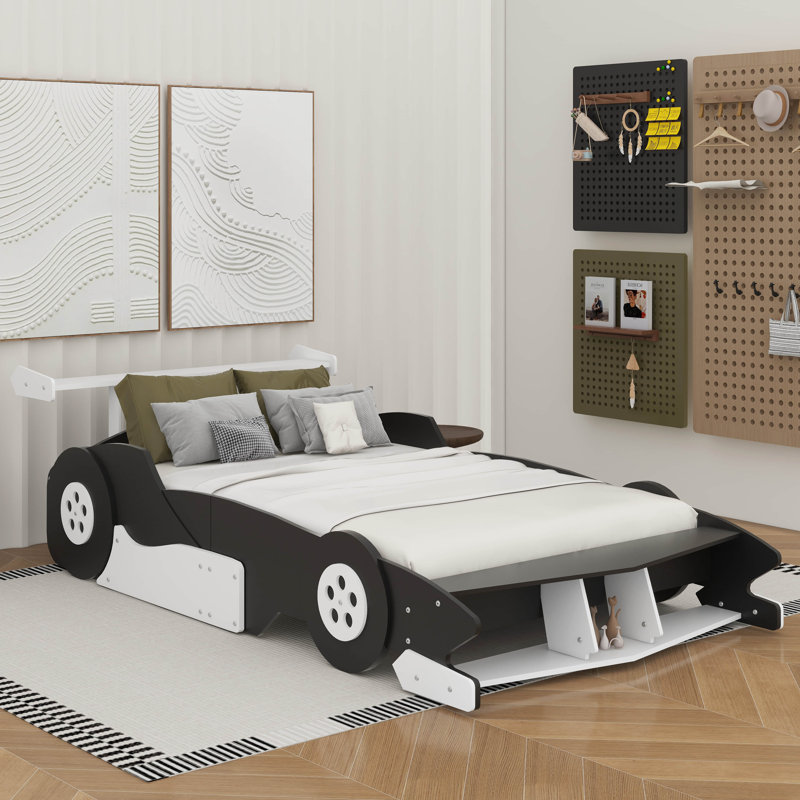 Lit plateforme pleine grandeur en forme de voiture de course avec roulettes, Lit double, Noir