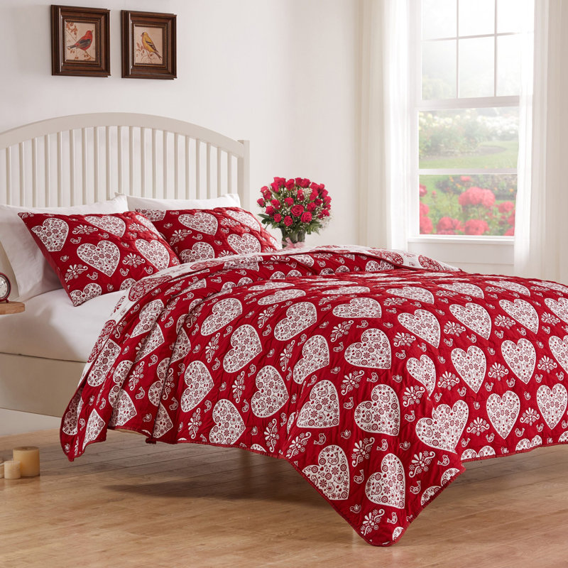 Greenland Home Fashions Lovebirds 2-Piece Twin Size Red Coverlet Set, 68x88 Inch, Twin Coverlet/Bedspread + 1 Standard Sham